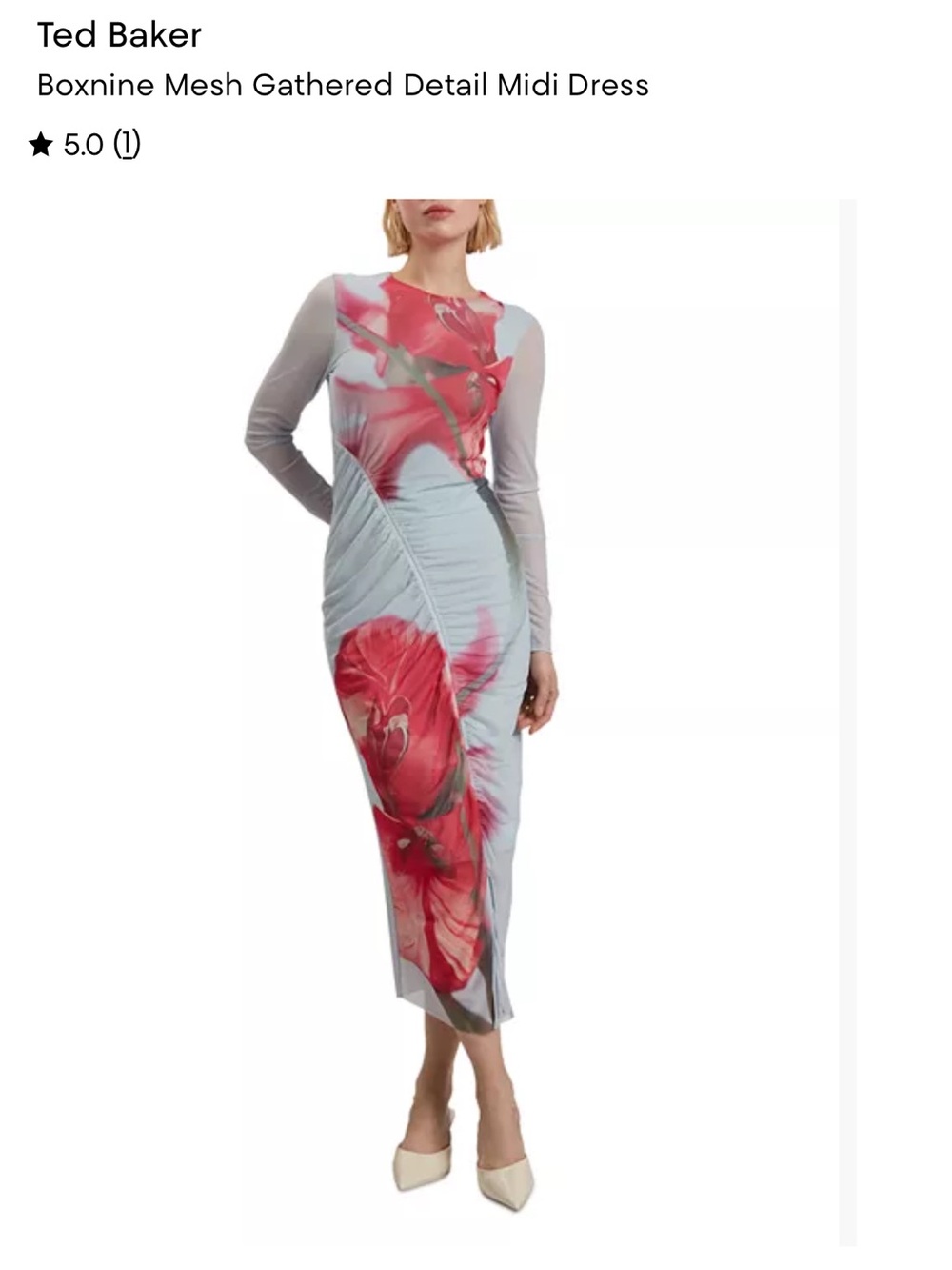 Ted Baker Light Gray Long Sleeve Midi Dress with Red Floral Print